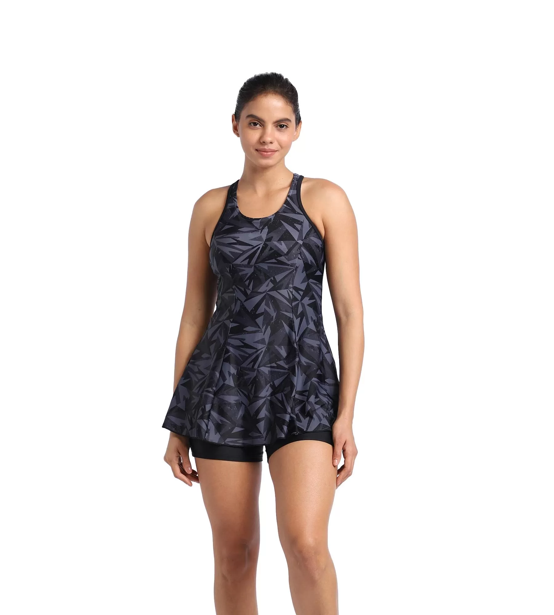 Women's Endurance Hyperboom Printed Racerback Swimdress With Boyleg - Black & Oxid Grey