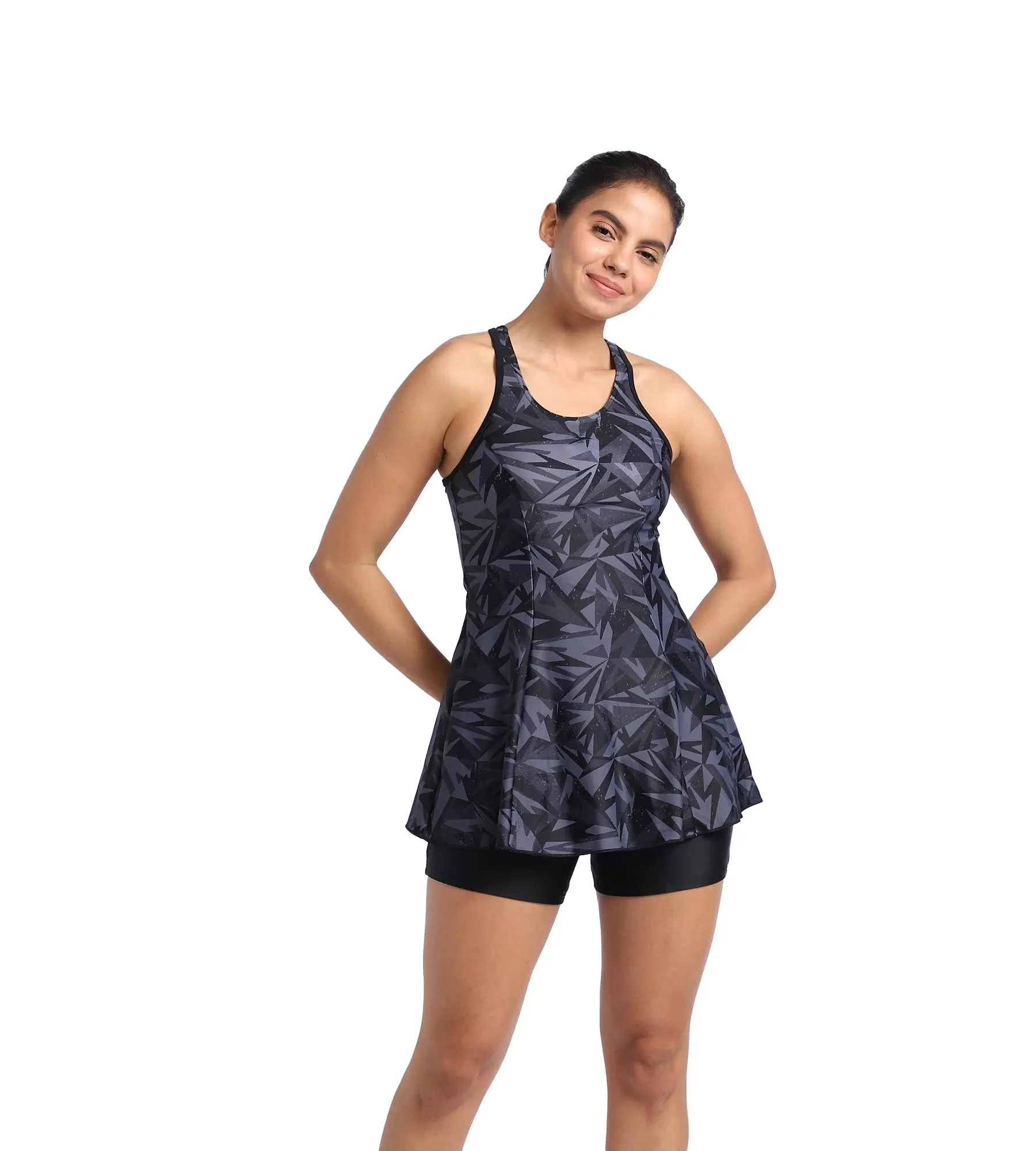 Women's Endurance Hyperboom Printed Racerback Swimdress With Boyleg - Black & Oxid Grey