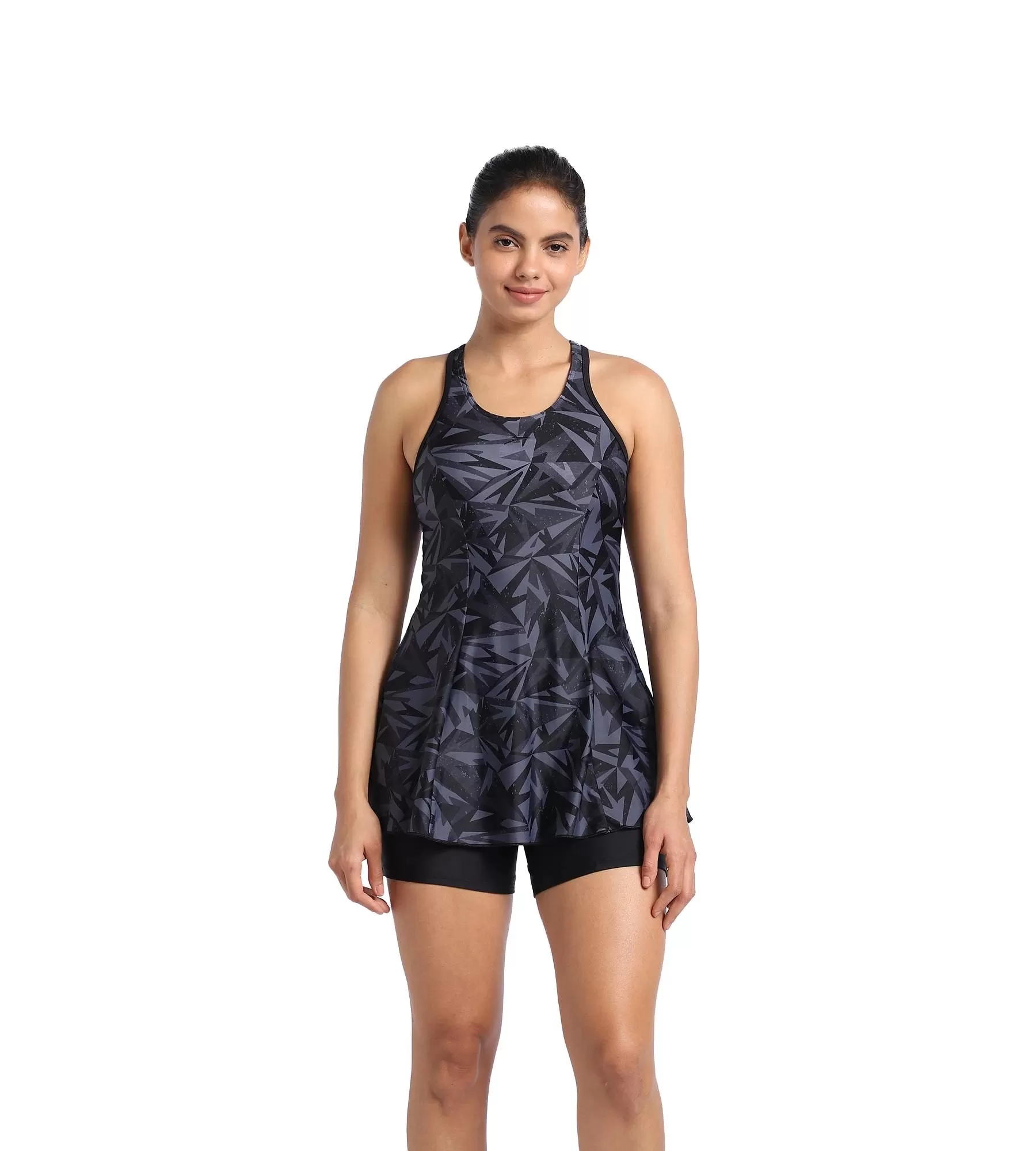 Women's Endurance Hyperboom Printed Racerback Swimdress With Boyleg - Black & Oxid Grey