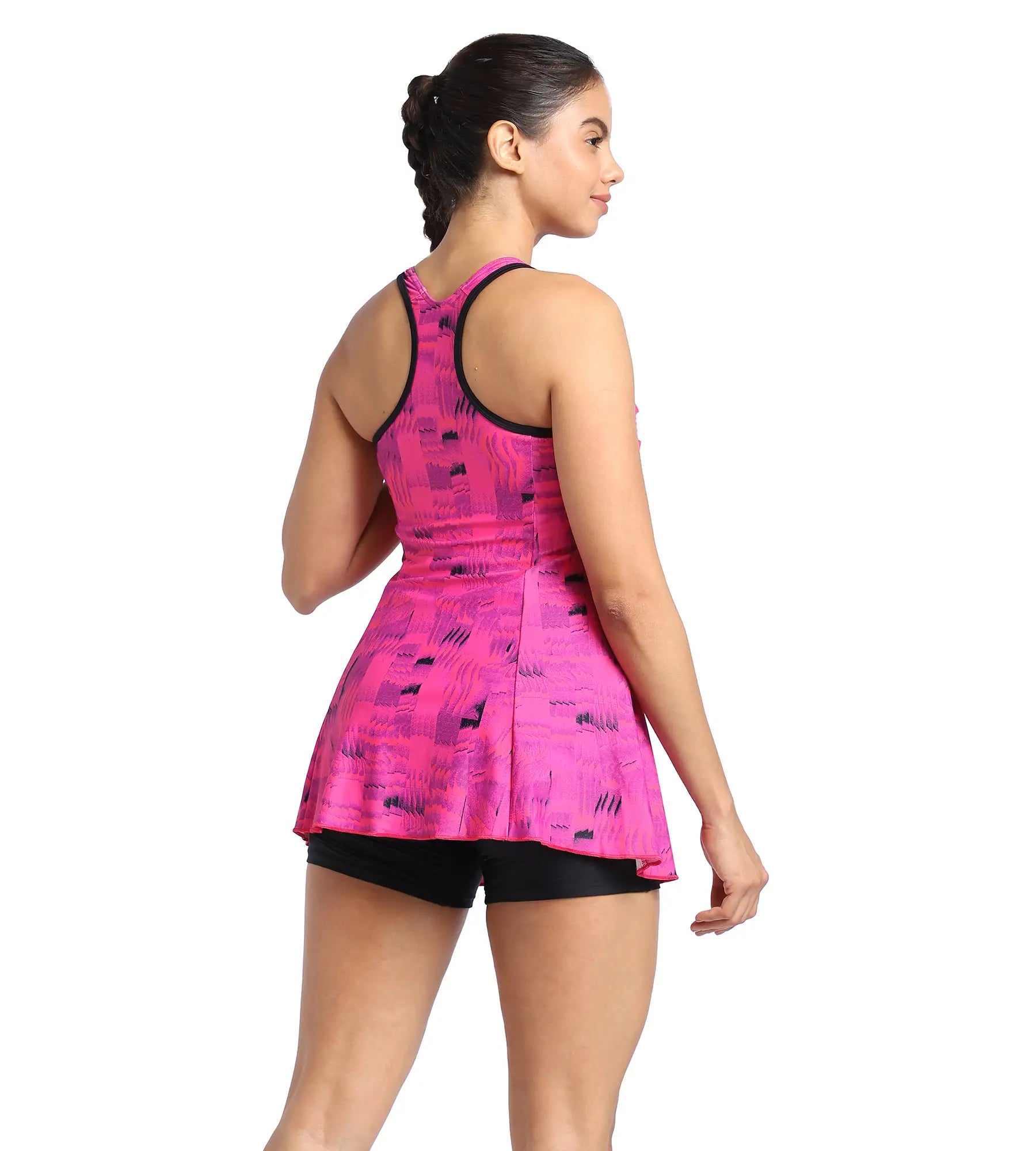 Women's Endurance Printed Racerback Swimdress With Boyleg - Black & Wineberry