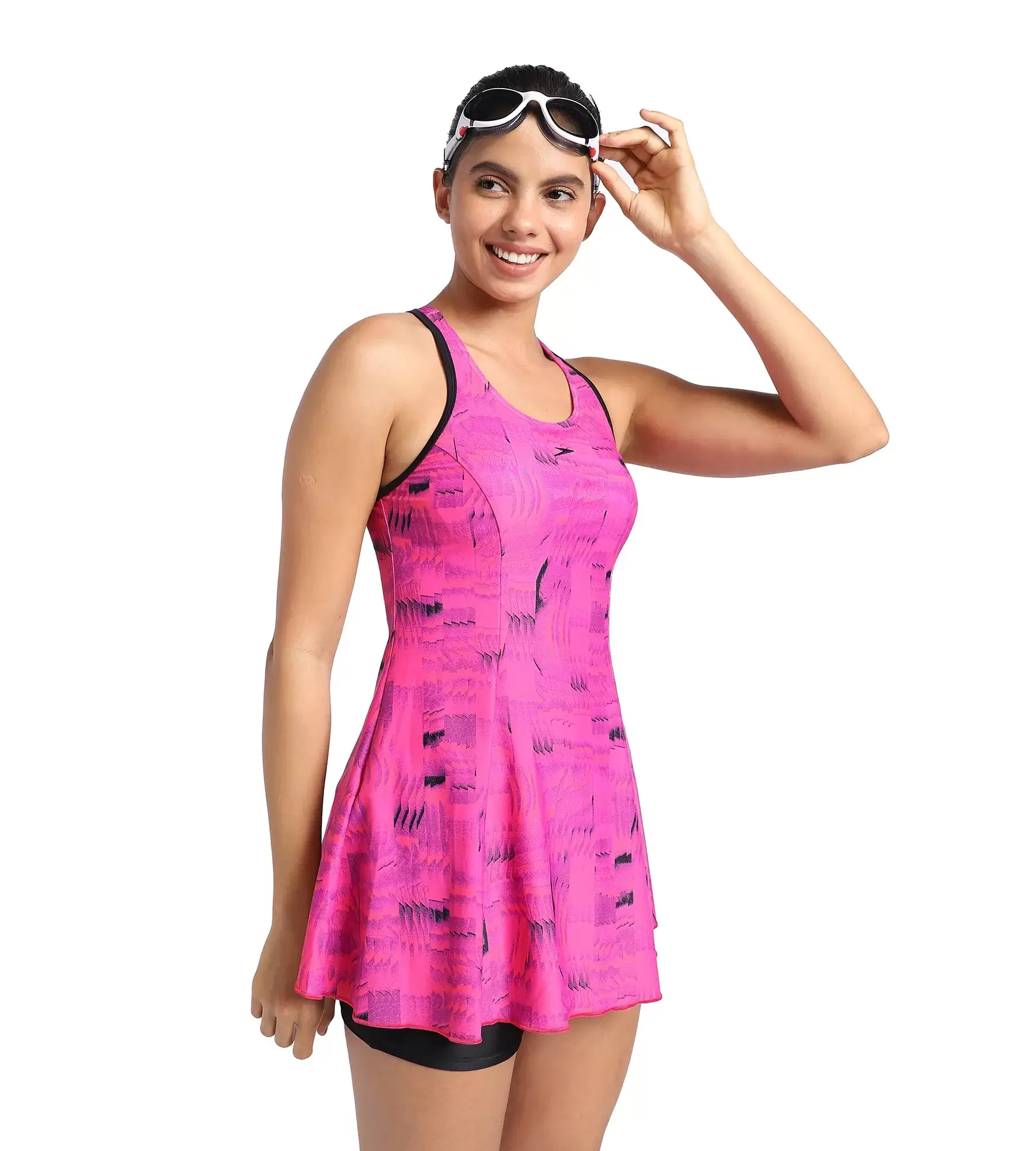 Women's Endurance Printed Racerback Swimdress With Boyleg - Black & Wineberry