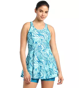 Women's Endurance Racerback Printed Swimdress With Boyleg - Peacock & Marine Blue