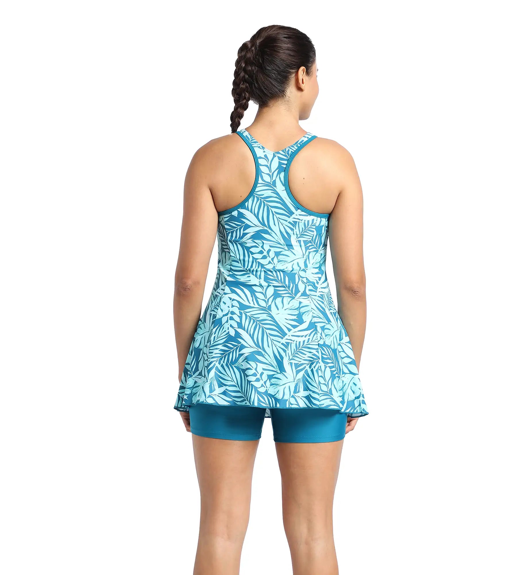 Women's Endurance Racerback Printed Swimdress With Boyleg - Peacock & Marine Blue