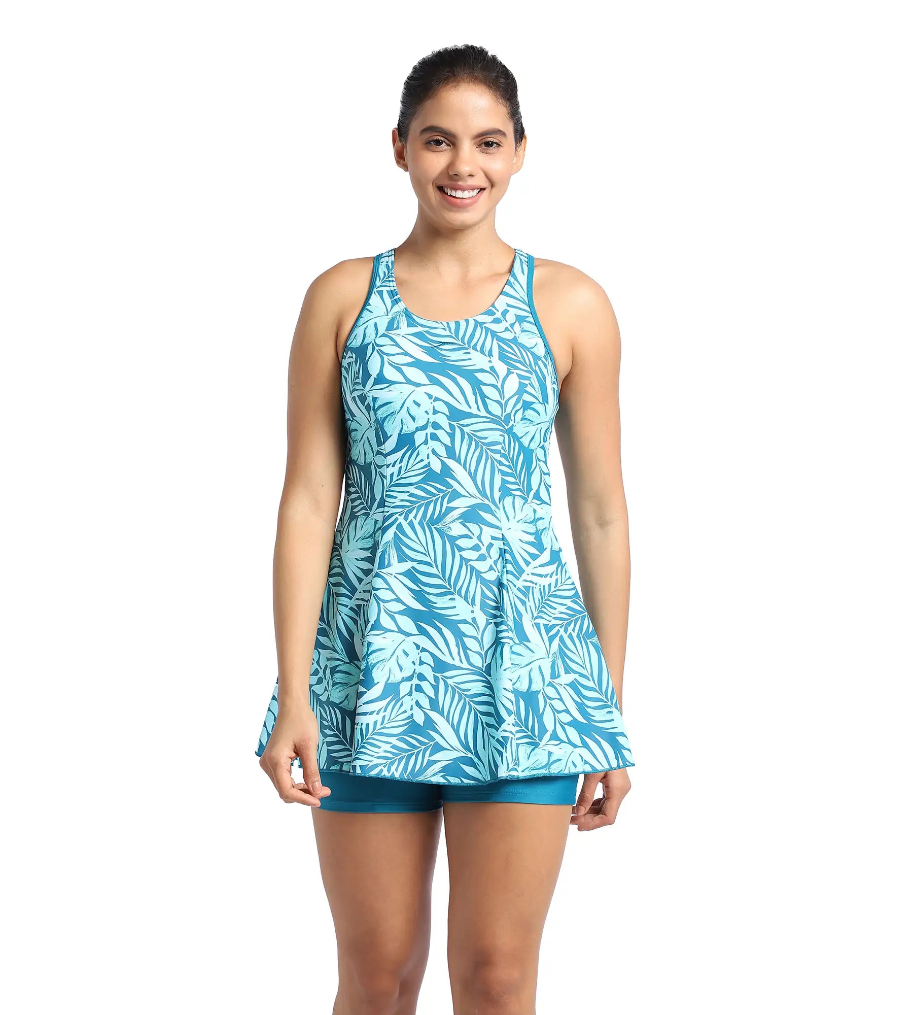 Women's Endurance Racerback Printed Swimdress With Boyleg - Peacock & Marine Blue