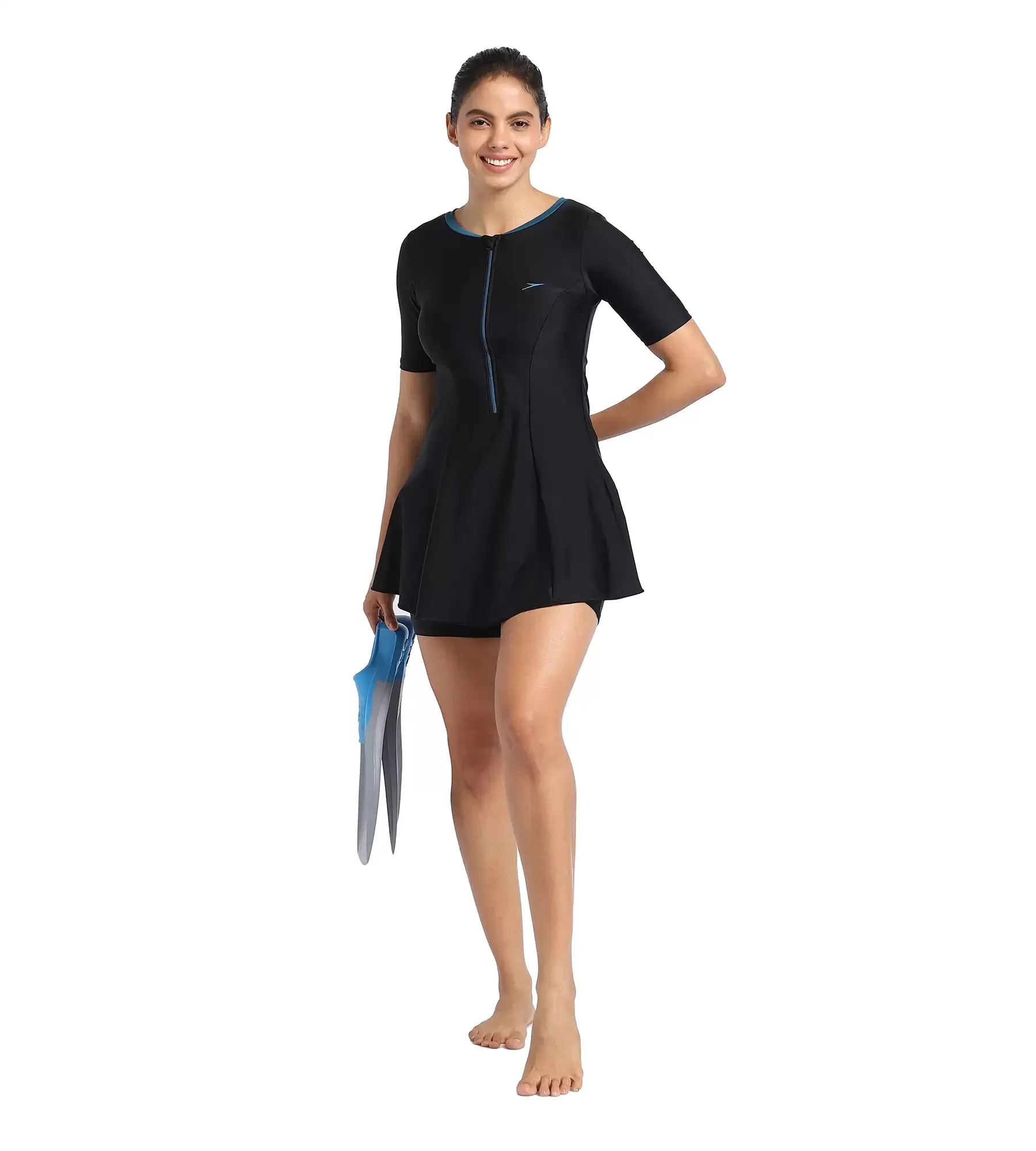 Women's Endurance10 Closedback Short Sleeve Swimdress With Boyleg - Black & Dark Teal