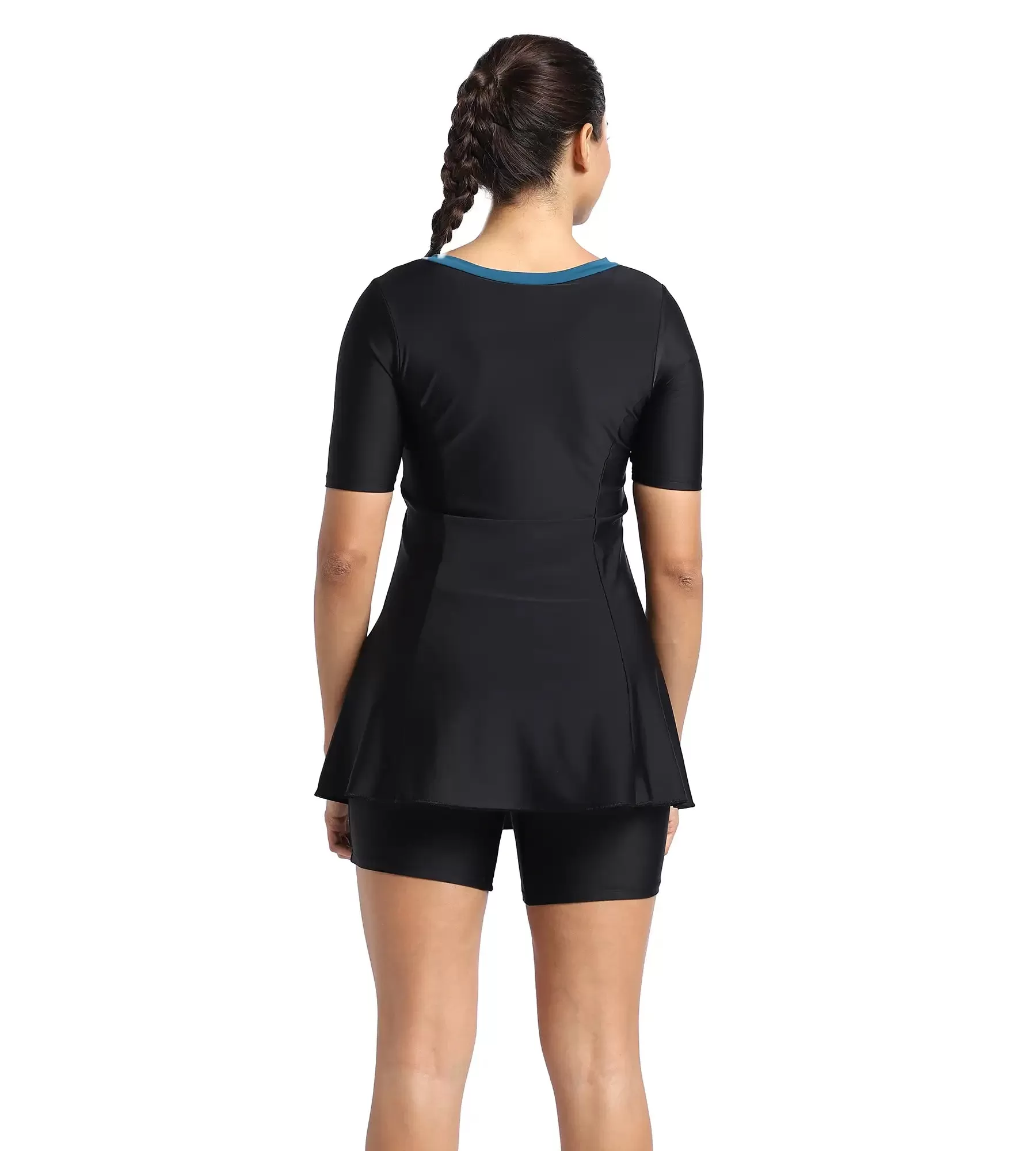 Women's Endurance10 Closedback Short Sleeve Swimdress With Boyleg - Black & Dark Teal