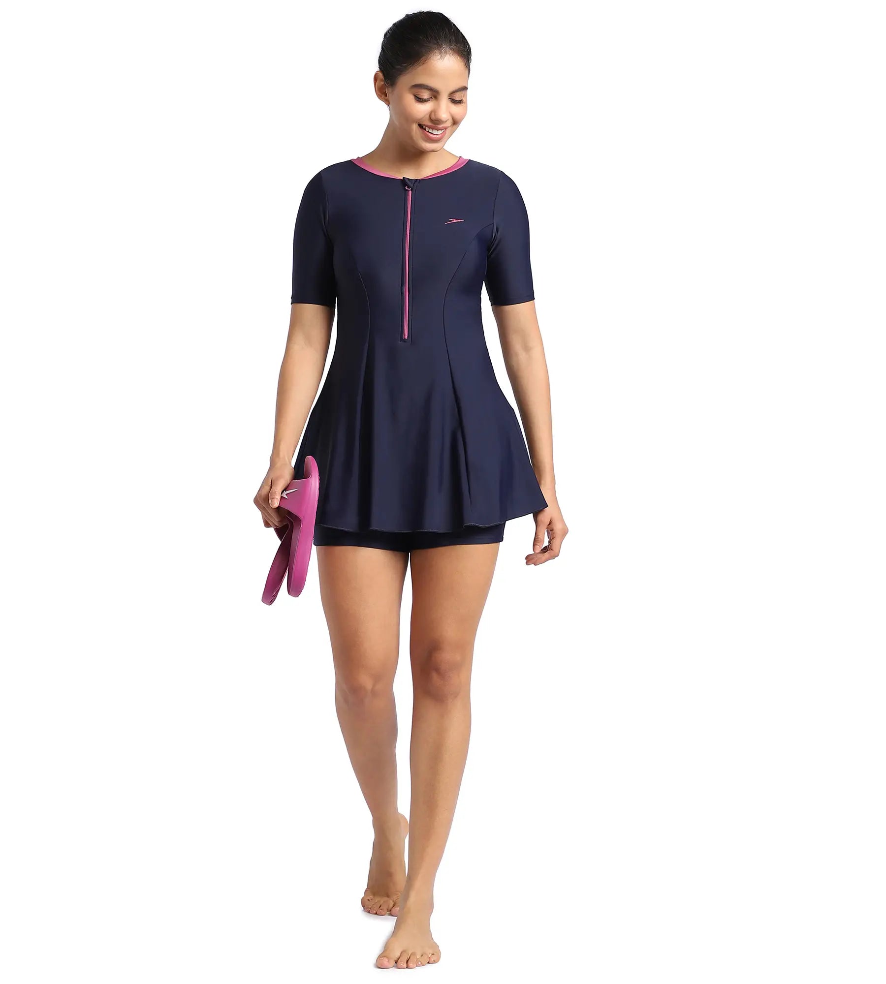 Women's Endurance10 Closedback Short Sleeve Swimdress With Boyleg - True Navy & Hotmauve