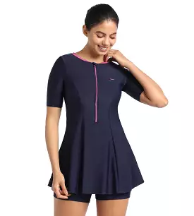 Women's Endurance10 Closedback Short Sleeve Swimdress With Boyleg - True Navy & Hotmauve