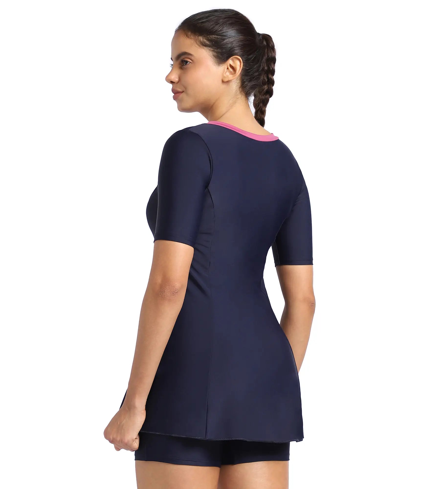 Women's Endurance10 Closedback Short Sleeve Swimdress With Boyleg - True Navy & Hotmauve