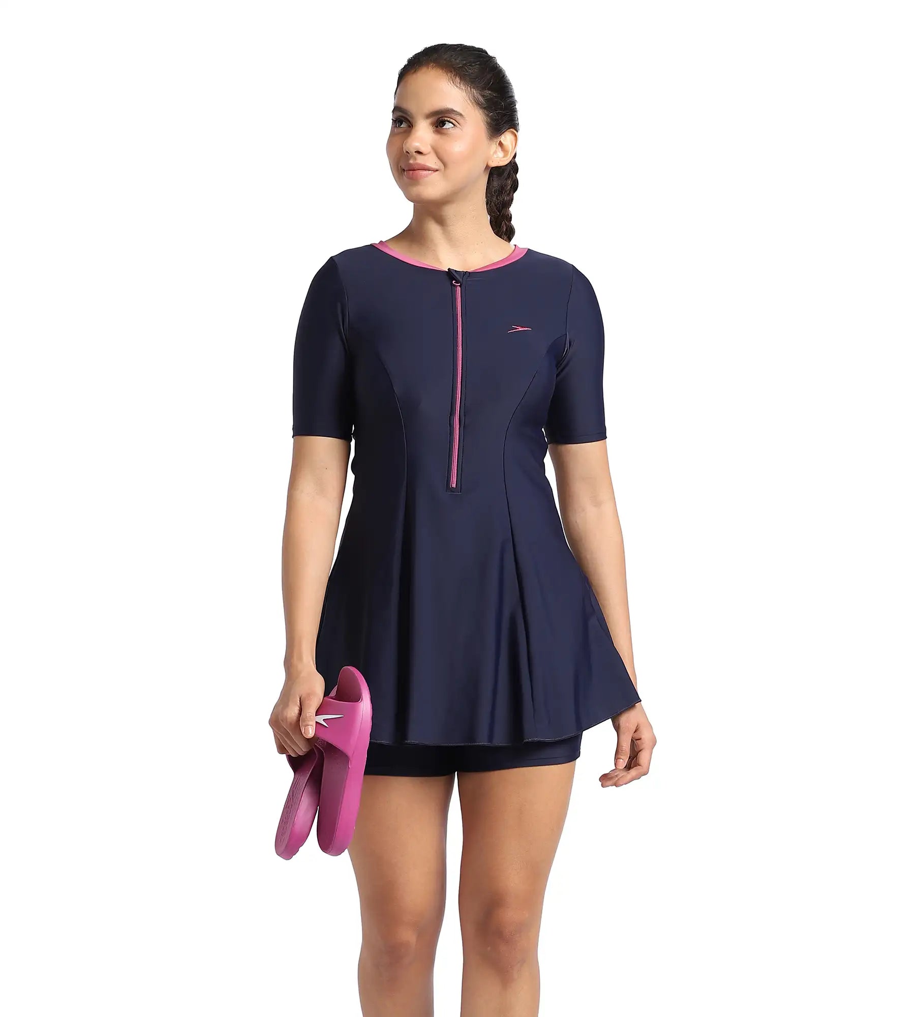 Women's Endurance10 Closedback Short Sleeve Swimdress With Boyleg - True Navy & Hotmauve