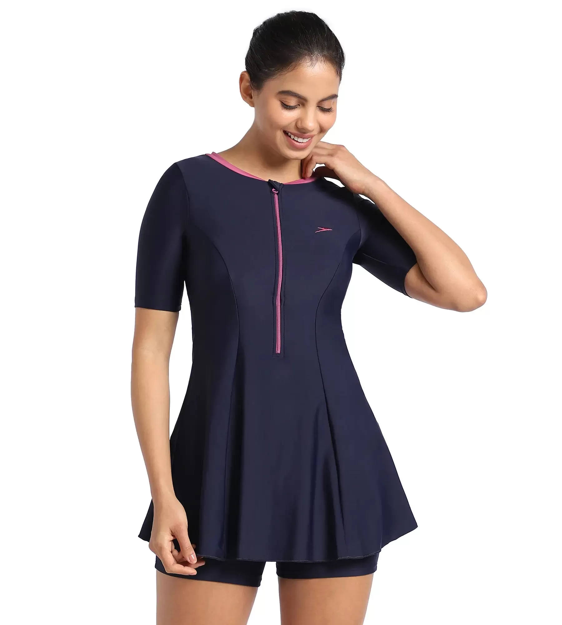 Women's Endurance10 Closedback Short Sleeve Swimdress With Boyleg - True Navy & Hotmauve