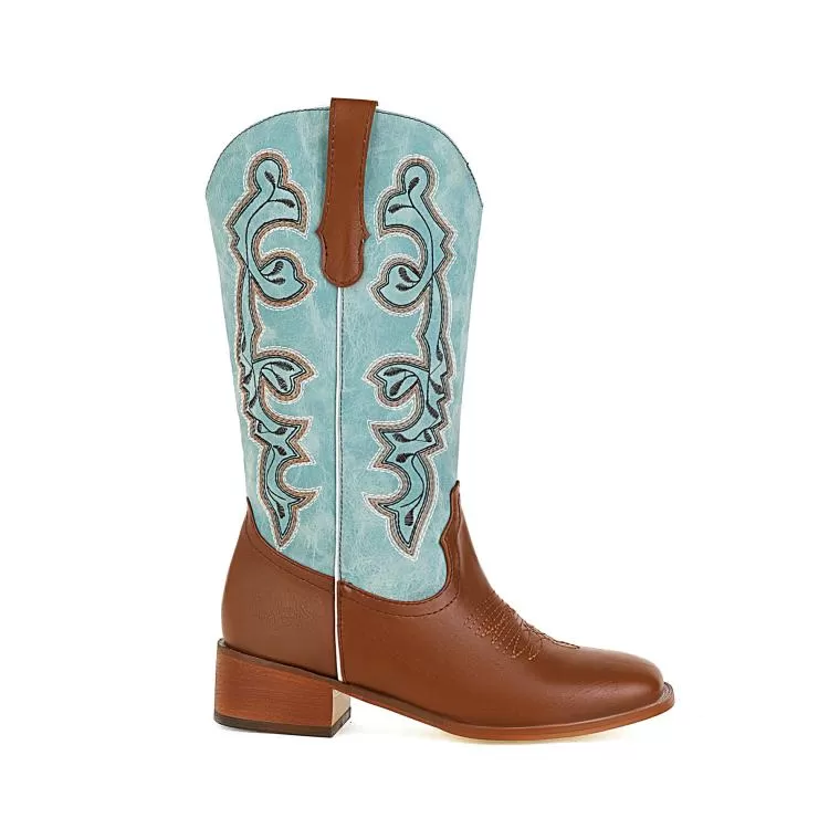 Women's Ethnic Pu Leather Embroidery Block Heel Mid Calf Boots