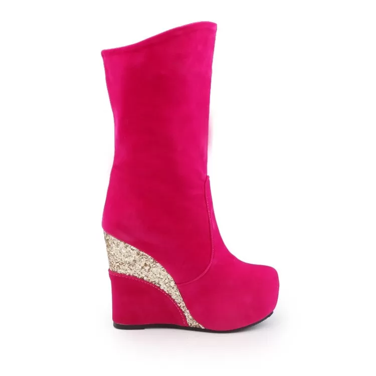 Women's Flock Sparkling Sequins Wedge Heel Platform Mid Calf Boots