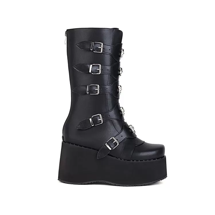 Women's Metal Buckle Platform Wedge Heel Mid Calf Boots