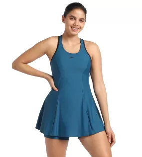 Women's Racerback Swimdress With Boyleg - Dark Teal  &  Black