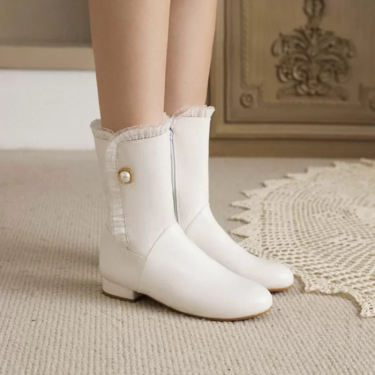 Women's Side Zippers Lace Pearls Low Heels Mid Calf Boots