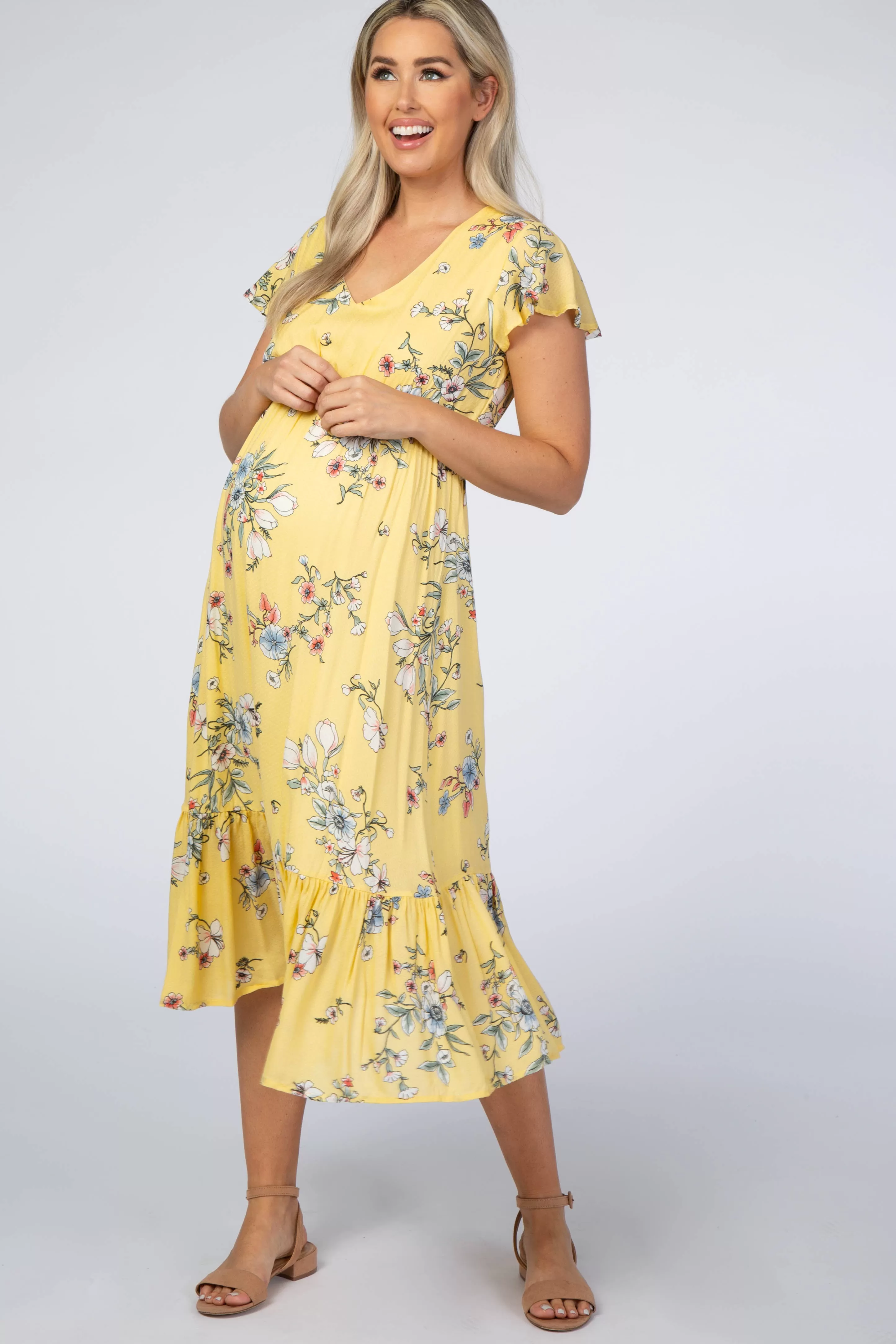 Yellow Floral Flounce Sleeve Midi Maternity Dress