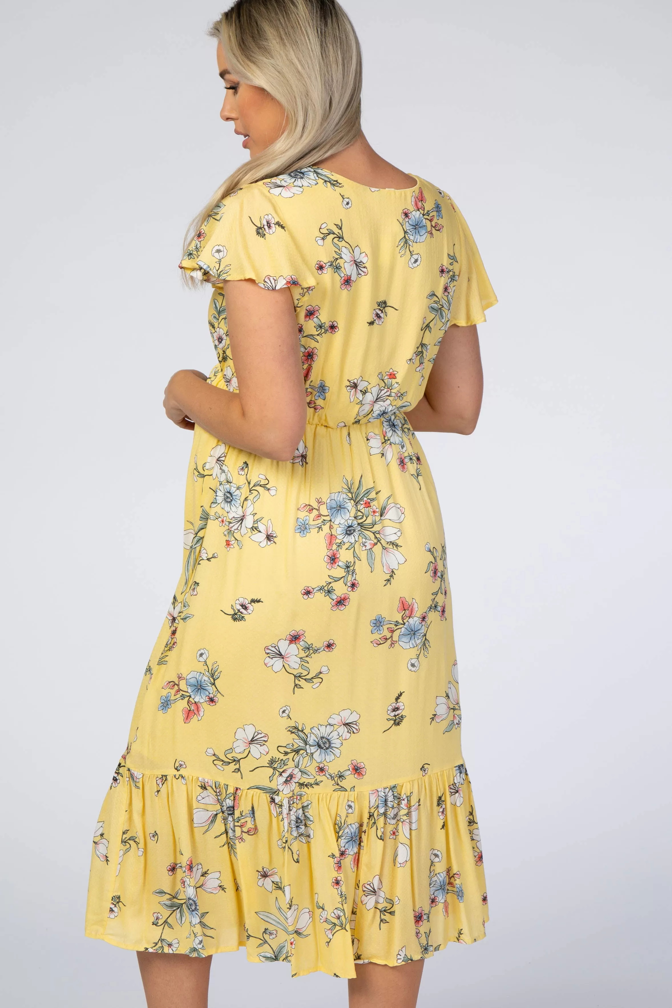 Yellow Floral Flounce Sleeve Midi Maternity Dress